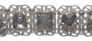 1960s Silver Tone Egyptian Theme Filigree Panel Bracelet